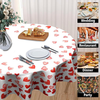 Sweetshow Valentine's Day Table Cloth Round Love Red Hearts Tablecloth 60 Inch Decor Washable Stain and Wrinkle Resistant Round Table Cover for Dining Picnic