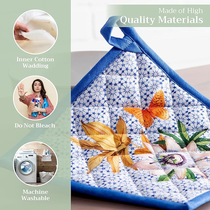 Maison d' Hermine Pot Holders 100% Cotton Heat Resistant Potholders 8" x 8" Hot Pads with Loop BBQ Cooking Baking Hotel Farmhouse Kitchen Handling Hot Pans Spring Summer (Pack of 1, Passiflora)