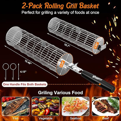 Rolling Grill Baskets for Outdoor Grill, 2PCS BBQ Grilling Basket with Removable Wooden Handle, Stainless Steel Camping Cooking Grill Accessories for Meat Fish Vegetable Seafood, Gifts for Men Dad Husband