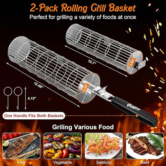 Rolling Grill Baskets for Outdoor Grill, 2PCS BBQ Grilling Basket with Removable Wooden Handle, Stainless Steel Camping Cooking Grill Accessories for Meat Fish Vegetable Seafood, Gifts for Men Dad Husband