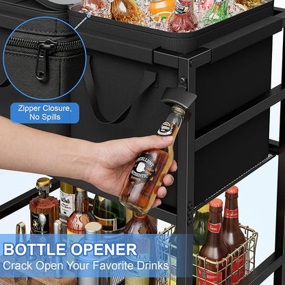 Patio Rolling Cooler Cart, Portable Bar Station for Backyard, Pool & BBQ | Two Detachable Insulated Bags, Four Casters with Two Locks, Side Bottle Opener, 12-Hour Insulation