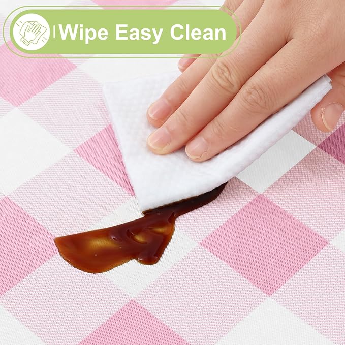 Smiry Picnic Table Cloth, Vinyl Tablecloths with Flannel Backing, 60" Round | Waterproof Picnic Table Cloth, Wipeable Buffalo Plaid Table Cover for Indoor and Outdoor (Pink & White)