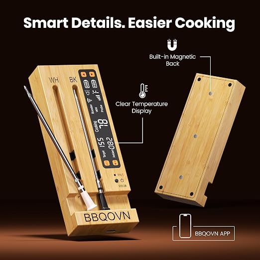 WiFi Sub-1G Wireless Meat Thermometer Unlimited Range 7 NIST Certified Sensors with Ambient Temp 2 Temp Monitoring Ways Digital Smart Base and App for BBQ, Smoker, Grill, Oven