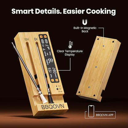 WiFi Sub-1G Wireless Meat Thermometer Unlimited Range 7 NIST Certified Sensors with Ambient Temp 2 Temp Monitoring Ways Digital Smart Base and App for BBQ, Smoker, Grill, Oven