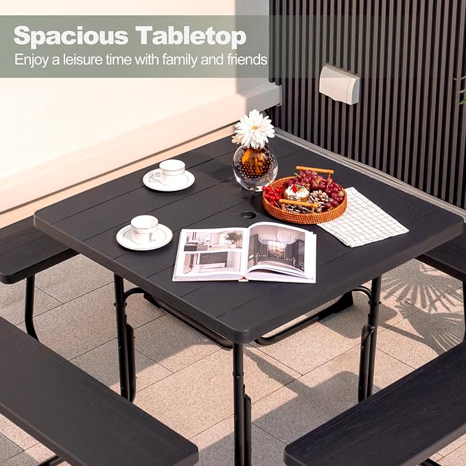 Tangkula 8 Person Picnic Table, Outdoor Square Picnic Table with 4 Built-in Benches, Umbrella Hole, Metal Frame & HDPE Tabletop, Outside Table and Bench Set for Backyard, 2300lbs Weight Capacity