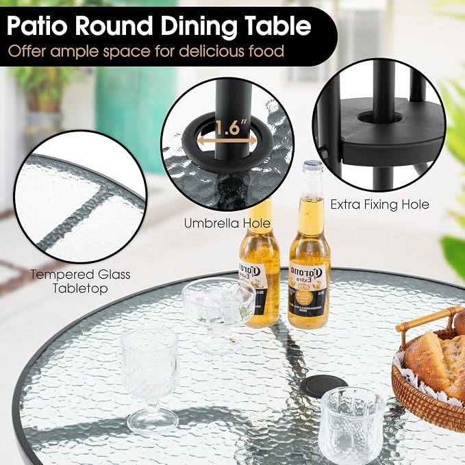Giantex 6 Pieces Patio Dining Set, Folding Patio Chairs Set of 4, Tempered Glass Umbrella Table with Hole, Patio Table and Chairs for Lawn, Deck, Poolside, Backyard (Grey)