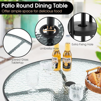 Giantex 6 Pieces Patio Dining Set, Folding Patio Chairs Set of 4, Tempered Glass Umbrella Table with Hole, Patio Table and Chairs for Lawn, Deck, Poolside, Backyard (Grey)