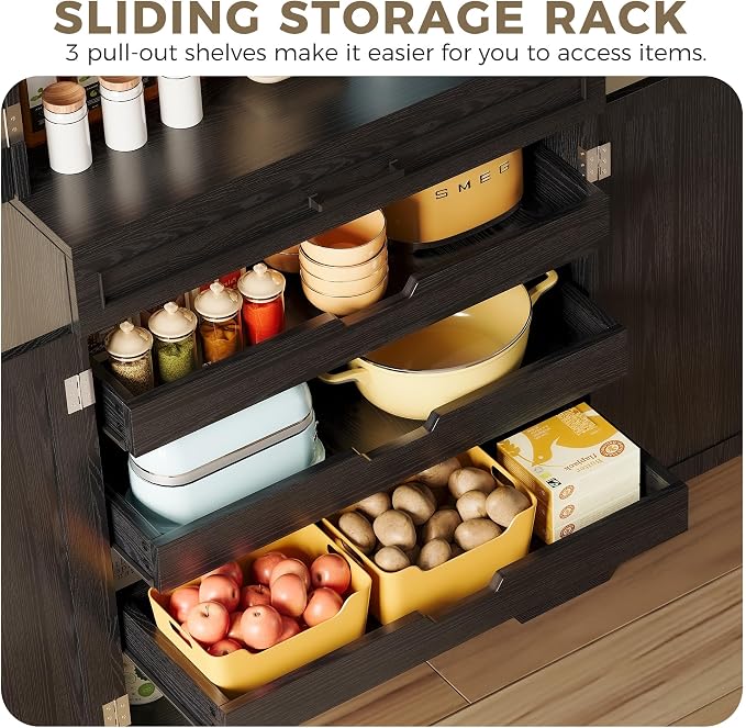 IRONCK 72" Farmhouse Kitchen Pantry Cabinet with Sliding Storage Rack,Black | Tall Freestanding Cupboard with 6 Hanging Shelves for Kitchen, Dining Room