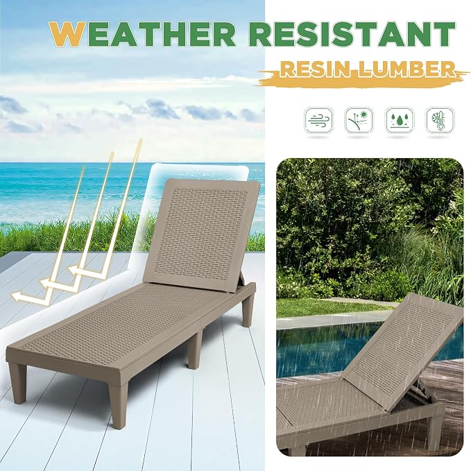 Greesum Lounge Chairs Set of 4 All Weather Outdoor Angle Adjustable Chaise for Beaches,Gardens,Decks and Pools,Light Coffee