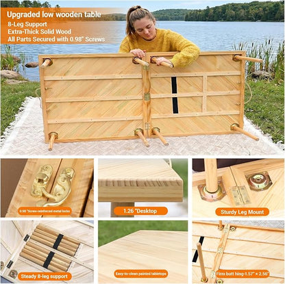 80"x30" Portable Boho Wooden Low Folding Picnic Table for Indoor Outdoor | Comes with Table Runner, Stable 8-leg Support & Thickened Structure, Thick Painted Tabletop Easy to Wipe, Fits 8-12 People