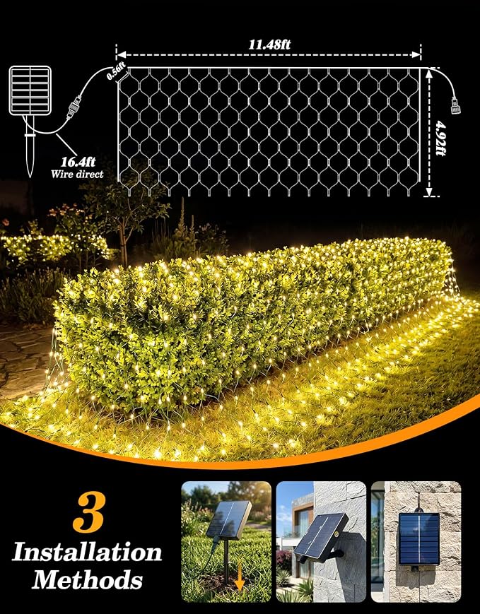 11.5x5FT Solar Christmas Net Lights Outdoor Waterproof with Remote | 240LED 8 Modes Solar & USB Powered Mesh Lights with Green Wire for Gazebo, Bush, Garden Shrubs, Lawn, Patio Decor, Warm White