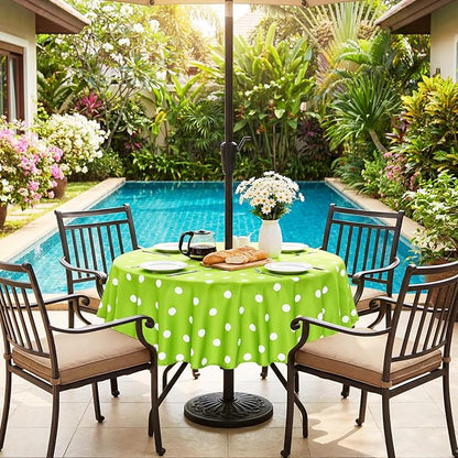 SquarePie 60'' Round Outdoor Tablecloth with Umbrella Hole Waterproof Zippered Table Cloth for Picnic Patio BBQs Backyard, Green Polka Dot