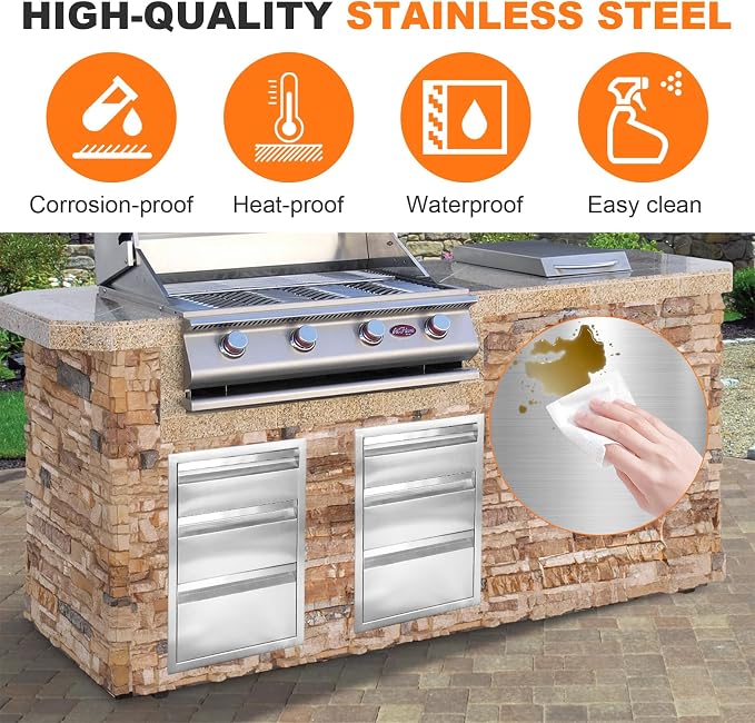PioneerWorks 16" W x 21" H x 23" D Outdoor Kitchen Drawers, 3-Layer Outdoor Kitchen Access Drawer, Stainless Steel Built-in BBQ Drawer for Outdoor Kitchen Island, Patio Grill Station