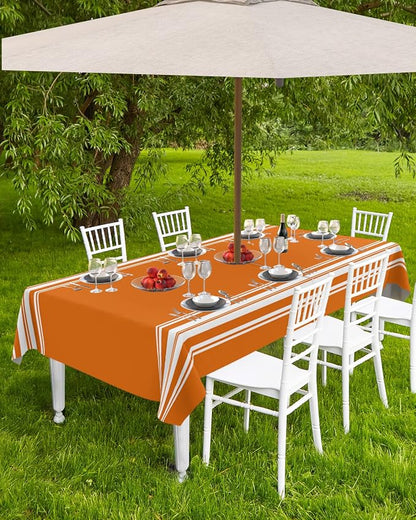 Queenker Fall Outdoor Tablecloth with Umbrella Hole,Farmhouse Orange White Stripe Rectangle Tables Zippered Table Cloth Waterproof Tabletop Cover Collection for Patio,Garden,Picnic,Camping,Dining