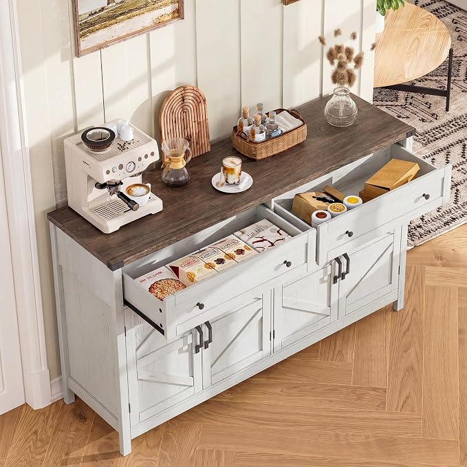 ChooChoo 55" W Coffee Bar Cabinet, Kitchen Storage Cabinet with 2 Drawers | Farmhouse Sideboard Buffet Cabinet, Adjustable Shelf & 4 Doors, Rustic White