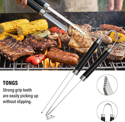 Yekale BBQ Grill Accessories Set, Grill Tools Grilling Accessories Grilling Gifts for Men - Spatula, Fork, Brush, Tongs & Cleaning Brush - Outdoor Barbecue Utensils Gifts for Men Dad Him (Black)