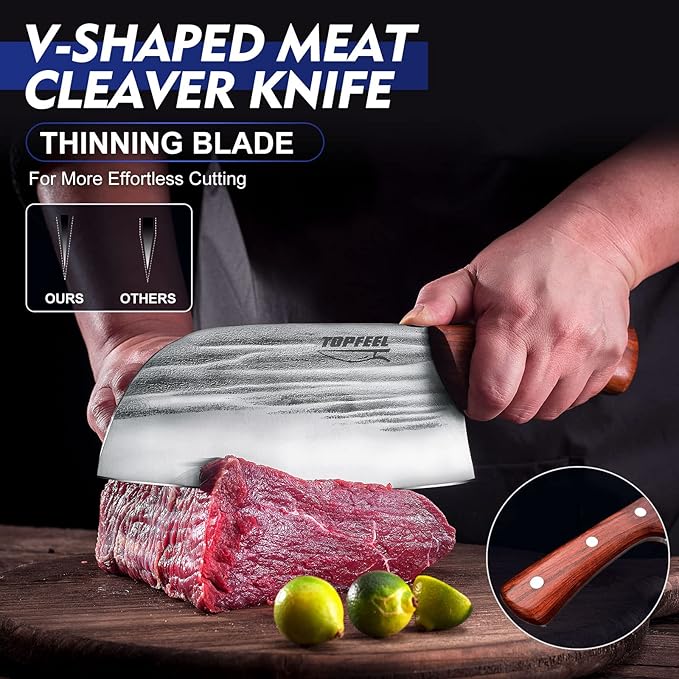 Topfeel 2PCS Meat Cleaver & Heavy Duty Bone Chopper Knife Set, Hand Forged German High Carbon Stainless Steel Butcher Knife for Home Kitchen & Outdoor