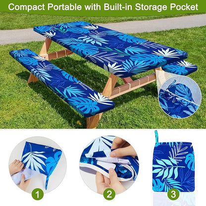 Picnic Table and Bench Cover Set, Waterproof Fitted Elastic Cloth | Portable Camping Essentials With Built-In Storage Pocket And Waterproof Fabric For Outdoor RV Or Picnic Table Use