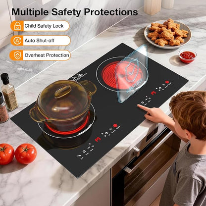 WABK 2 Burner Electric Cooktop 110V, 24 Inch Built-in & Countertop Ceramic Stove Top, 3000W Infrared Hot Plate for RV Apartment, Compatible with All Cookware, Child Lock & Timer