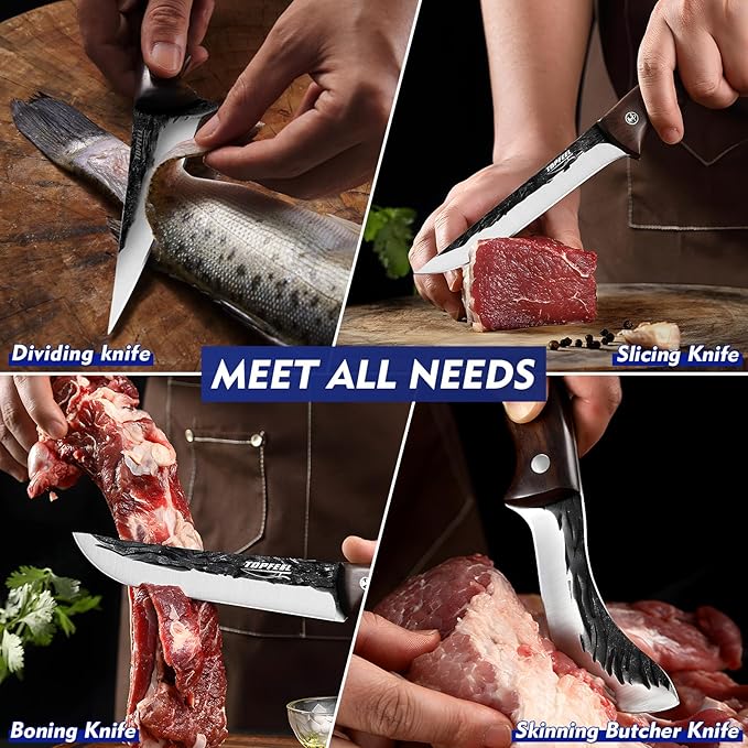 Topfeel 4PCS Hand Forged Butcher Knife Set - Slicing Knife,Boning Knife, Dividing Knives,Skinning Butcher Knives,High Carbon Steel Meat Cutting cleaver for Home Kitchen & Outdoor
