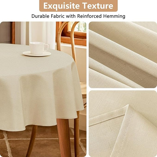 Seenus Textured 60 Inch Beige Round Tablecloth fits 30'' to 48'' Table, Water Resistant and Wipeable Circular Tablecloth, Anti-Scratch Faux Linen Fabric for 2-4 Seats Dining Table Kitchen Patio