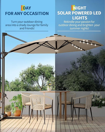 GarveeLife 10FT Patio Umbrella Outdoor Solar LED Large Cantilever Umbrella Market Sun Shade Windproof Offset Umbrella with 360-Degree Rotation for Garden Deck Pool Patio