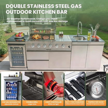 Outdoor Natural Gas Grill Island with Refrigerator, 4 Burner 72,000 BTU BBQ Grill with Side Burner, Infrared Rotisserie, Granite Countertop, Stainless Steel Outdoor Kitchen (Silver+98in)