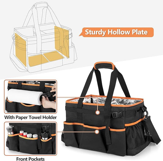 HODRANT Large Grill Utensil Caddy with Detachable Cooler, Collapsible Picnic Organizer with Paper Towel Holder for Griddle Accessories, Tailgating Accessory Basket for Outdoor Cooking Supplies, Black