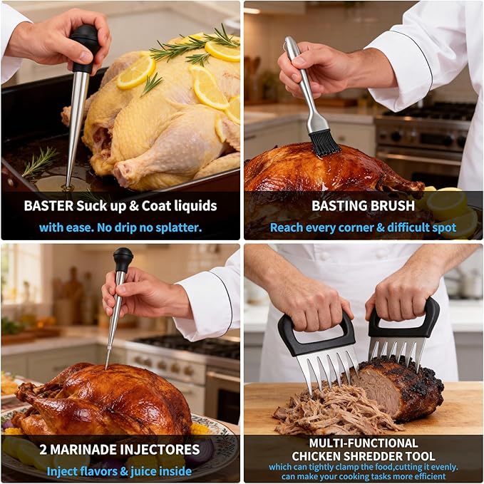 T-Raputa Turkey Baster Set – Includes Baster for Cooking, Barbecue Basting Brush,2 Meat Shredder Claws 2 Flavor Injector with Cleaning Brush– for Home Baking Kitchen Tool,Ideal Holiday Gift Great
