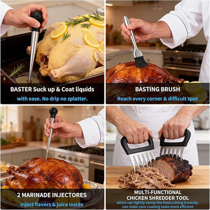 T-Raputa Turkey Baster Set – Includes Baster for Cooking, Barbecue Basting Brush,2 Meat Shredder Claws 2 Flavor Injector with Cleaning Brush– for Home Baking Kitchen Tool,Ideal Holiday Gift Great