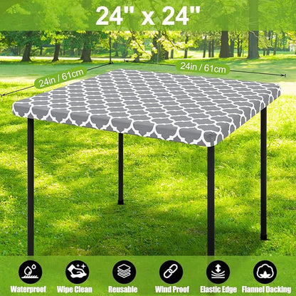 Smiry Picnic Fitted Table Cover, Square Flannel Backed Vinyl Tablecloth | Waterproof Elastic Stretch Table Cloth, Wipeable Plastic Tablecloth for Camping, Indoor & Outdoor (Grey, 24" x 24")