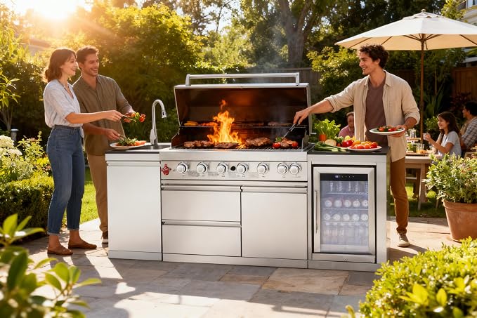 82-inch 6-Burner Gas Grill 85,000 BTU Outdoor Kitchen Barbecue | Stainless Steel Grill Island with Sink, Storage Cabinets, and Wine Refrigerator,Backyard, Patio, Lawn, Silver