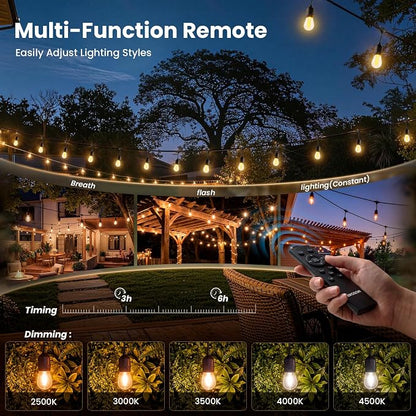 48FT Solar String Lights Outdoor Waterproof, 30 Super Bright LED Bulbs, USB Charging & Remote Control - Color Adjustable Solar Power Patio Lights, with Intelligent Assisted Positioning