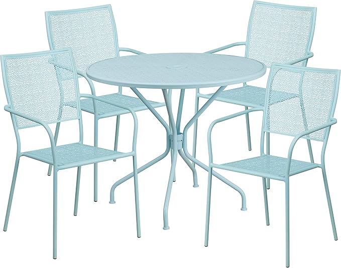 Flash Furniture Oia Commercial Grade 35.25" Round Sky Blue Indoor-Outdoor Steel Patio Table Set with 4 Square Back Chairs