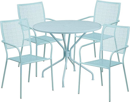 Flash Furniture Oia Commercial Grade 35.25" Round Sky Blue Indoor-Outdoor Steel Patio Table Set with 4 Square Back Chairs