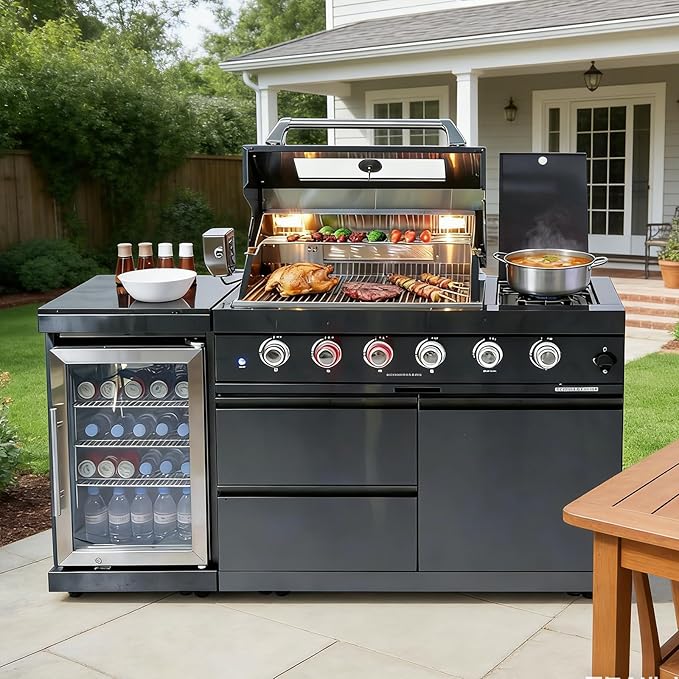 Outdoor Natural Gas Grill Island with Side Burner,Refrigerator,4-Burner 72,000 BTU BBQ Grill,Infrared Rotisserie, Granite Countertop,Outdoor Kitchen Grill.(Black+65 in)