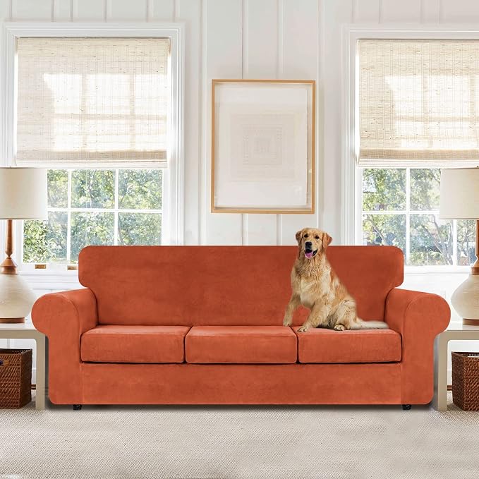 WEERRW 4 Pieces Couch Cover for Sofa Velvet Sofa Covers Washable, Pumpkin | Sofa Covers for 3 Cushion Couch Furniture Protector Sofa Slipcovers with Non Slip Elastic Bottom, Pet Friendly, Large