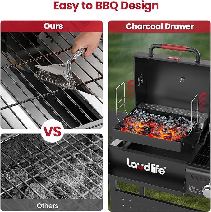 LAUDLIFE Gas and Charcoal Grill Combo with Side Burner, 3 Burners Propane BBQ Grill, 748 SQ.IN Cooking Space, Non-Stick Enamel Coating Grates, Heavy-Duty Stand for Backyard & Outdoor Barbecue