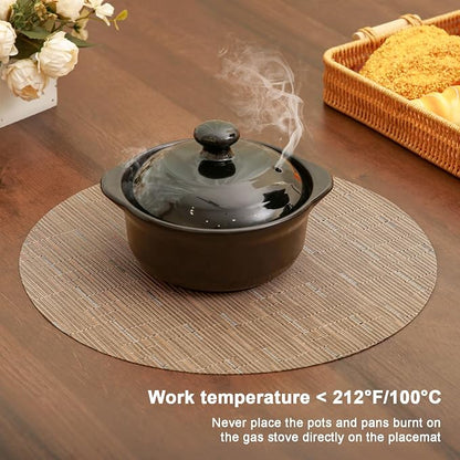 15 Inch Round Placemats Set of 8, Washable Vinyl Woven Place Mats | Heat Resistant Non-Slip Braided Table Mats for Dining Table Kitchen Indoor & Outdoor Use (Light Brown, Set of 8)