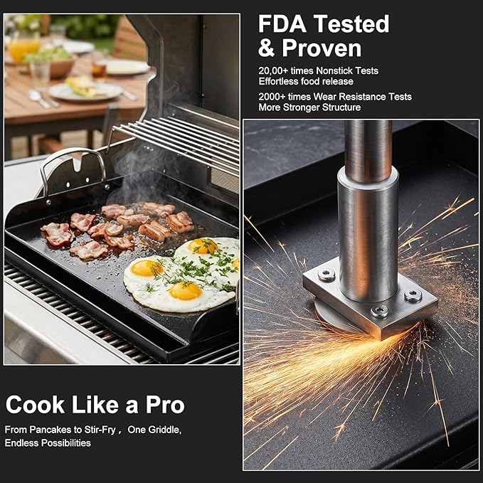 17 x 13 in Cast Iron Griddle for Gas Grill, Nano Ceramic Nonstick Flat Top Grill Plate with 5-Piece Tool Kit, Grease Groove, High Sidewalls, Handles, for Charcoal, Stove Top, Camping