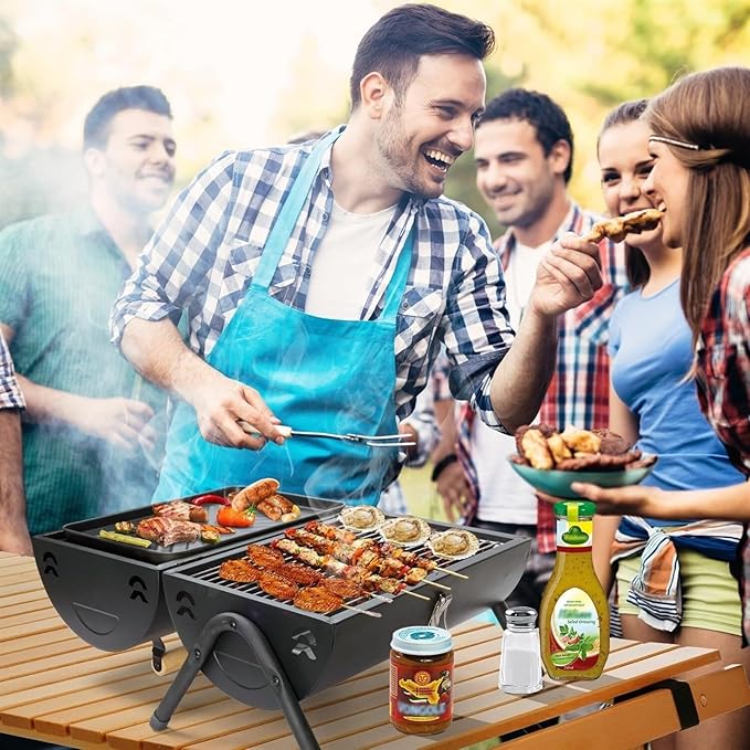 Charcoal Grill Portable Double Side Charcoal Grill Outdoor Tabletop Barbecue Grill BBQ Grill for Cooking BBQ Grill(White)