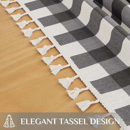Softalker Checkered Tablecloth Rectangle, Outdoor Linen Cotton Gingham Table Cloth with Tassel, Heavy Duty Wrinkle Free Buffalo Plaid Table Cover for Kitchen Dining Summer Party - 55 x 120 Inch, Black