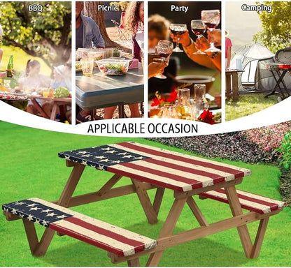 Classic American Flag Picnic Table Cover for Outdoor Camping Patriotism Elastic Fitted Table Cloth for Camping Party Supplies 3 PCS Set