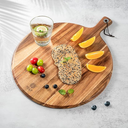 BILL.F Wood Pizza Peel 16 Inch,16" Acacia Wood Round Cutting Board with Handle Pizza Board for Kitchen Charcuterie Decorative Board