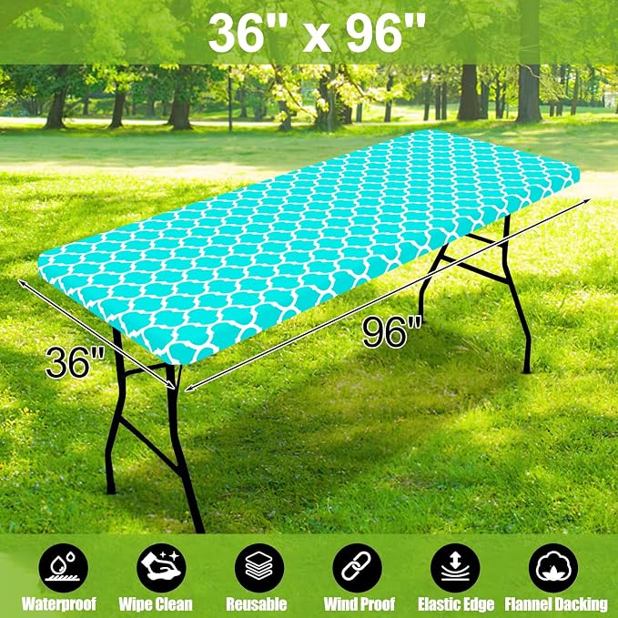 Smiry Picnic Fitted Table Cover, 8 Foot Flannel Backed Vinyl Tablecloth | Waterproof Elastic Stretch Table Cloth, Wipeable Plastic Tablecloth for Camping, Indoor & Outdoor (Teal, 36" x 96")