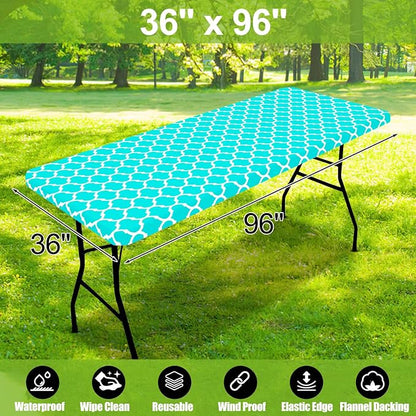 Smiry Picnic Fitted Table Cover, 8 Foot Flannel Backed Vinyl Tablecloth | Waterproof Elastic Stretch Table Cloth, Wipeable Plastic Tablecloth for Camping, Indoor & Outdoor (Teal, 36" x 96")
