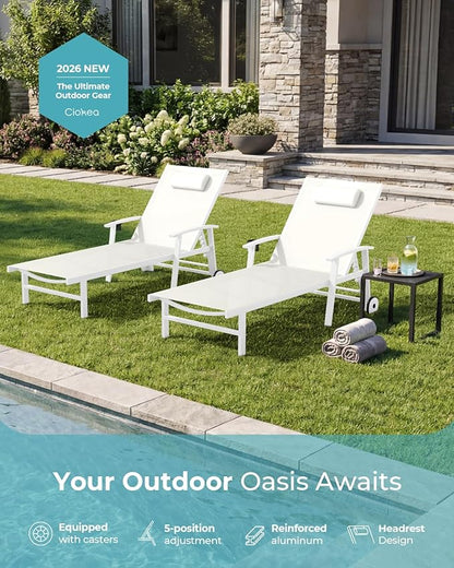Ciokea Outdoor Lounge Chair with Pillow Set of 4, 5-Position Chaise Lounge with Wheels & Armrests, 400 lbs Heavy Duty Aluminum Pool Lounge Chairs, for Beach, Deck, Poolside & Backyard, White