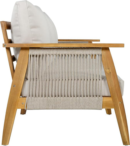 Christopher Knight Home Outdoor 3 Seater Patio Sofa with Acacia Wood Frame and Rope Weave Design, Cushioned Garden Couch with Removable Covers for Patio Deck Balcony, Teak and Beige