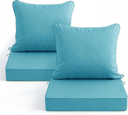 Summsun Faux Linen Outdoor Chair Cushions, Water Resistant Backrest and Deep Seat Cushion Set with Removable Cover, Straps, Non-Slip Bottom for Patio Furniture, 24 x 24 Inch, Teal, Set of 2