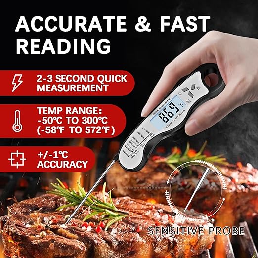 Meat Thermometer Digital，IP67 Waterproof Cooking Thermometer with Backlight, Calibration & Hold Function，Food Thermometer for Cooking,Outdoor Grilling，Suitable as Stocking Stuffers for Men (White-2)